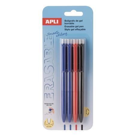 Gelové pero “Erasable”, 3 různé barvy, 0,5 mm, vymazatelné, stiskací mechanismus, 4 ks, APLI 20517 Gelové pero “Erasable”, 3 různé barvy, 0,5 mm, vymazatelné, stiskací mechanismus, 4 ks, APLI 20517