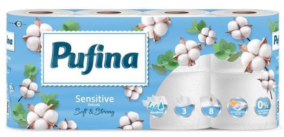 Toaletní papír Sensitive Aquabond, bez parfemace, 3-vrstvý, 8 rolí, PUFINA PP20807 ,balení 8 ks