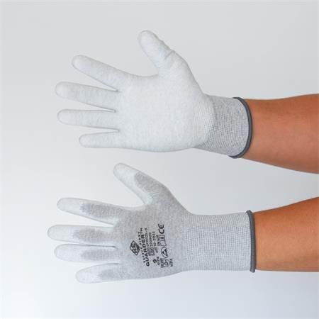 Montážní ESD rukavice, šedo-bílá, pletené, XL, z karbon-polyesteru, PU dlaň, 12 párů, SF0025-10 ,balení 12 ks