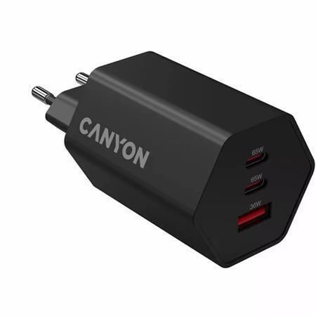 Nástěnná nabíječka Hexagon 65, černá, 1x USB-A, 2x USB-C, 65W, CANYON CND-CHAHEX65B