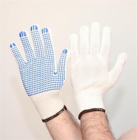 Ochranné rukavice, přírodní bílá, pletené, XL, z bavlny a polyesteru, PVC terčíky, 12 párů, SF0011-1 ,balení 12 ks