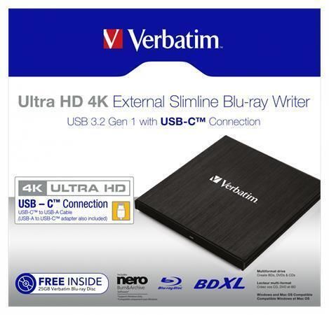 Blu-ray vypalovačka Slimeline, (externí), 4K Ultra HD, USB 3.1 GEN 1, USB-C, VERBATIM