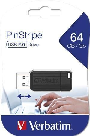 USB flash disk PinStripe, černá, 64GB, USB 2.0, 10/4MB/sec, VERBATIM