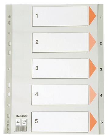 Rejstříky, šedá, A4, plast, 1-5, ESSELTE