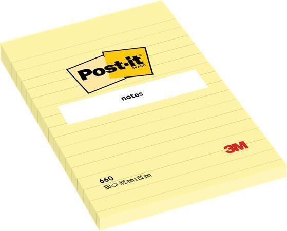Samolepicí bloček, žlutá, 101 x 152 mm, 6x 100 listů, linkovaný, 3M POSTIT 7100172753 ,balení 100 ks