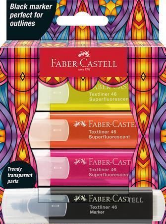 Zvýrazňovač Glassy, 3 různé neonové barvy + černá, FABER-CASTELL 254693