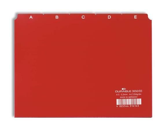 Rejstříky, červená, A5, PP, A-Z, 25 ks/balení, DURABLE 365003 ,balení 25 ks