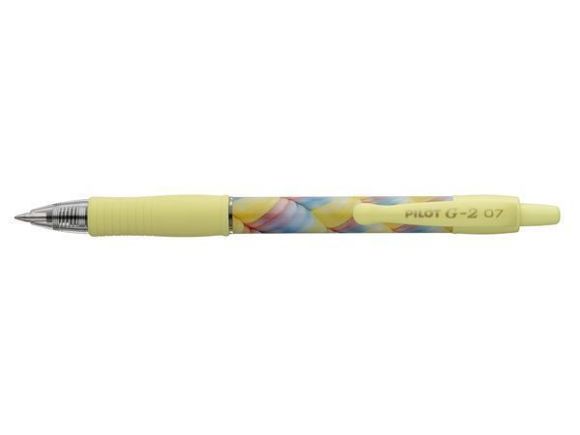 Gelové pero G-2 Flow, modrá, 0,32 mm, stiskací mechanismus, žluté tělo, PILOT BL-G27-FLY-B