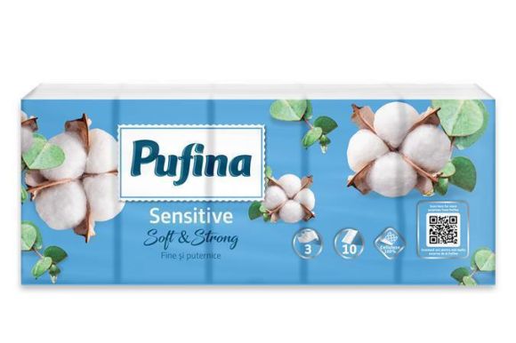 Papírové kapesníky Sensitive, 3-vrstvé, 10x 10 ks, PUFINA PP20833 ,balení 100 ks