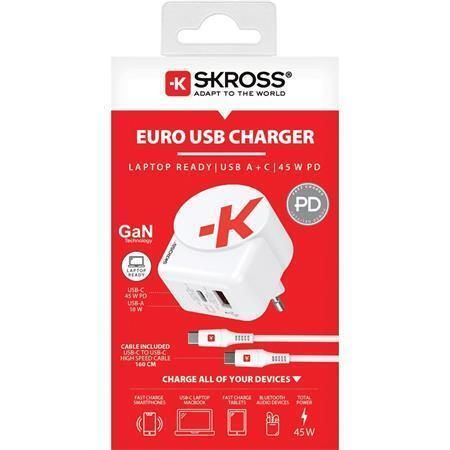 Nabíjecí adaptér, bílá, 1x USB-A / 1x USB-C PD, 45W, kabel USB-C, GaN, SKROSS 1.302424