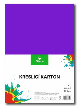 Kreslicí karton barevný A3/60/180g - mix 12 barev, STEPA ,balení 60 ks