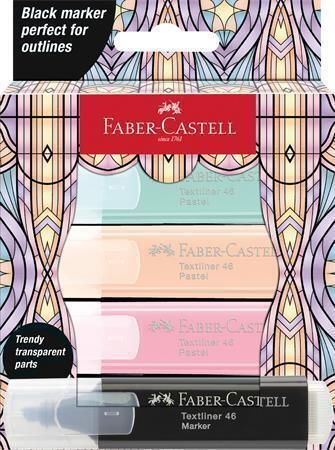 Zvýrazňovač Glassy, 3 různé pastelové barvy + černá, FABER-CASTELL 254694