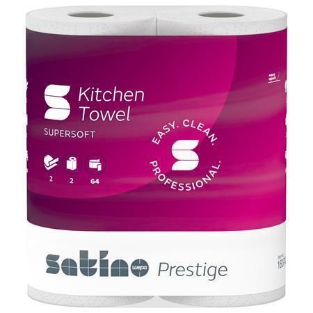 Papírové utěrky Satino Prestige, bílá, 2-vrstvé, 64 útržků, 2 role, Satino 160740 ,balení 2 ks