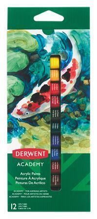 Akrylová barva Academy, 12 různých barev, 12 ml, DERWENT