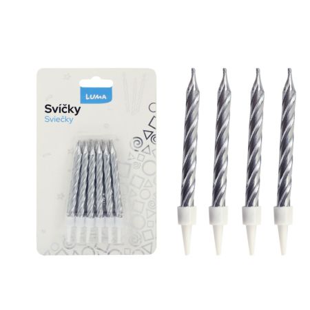 Svíčka dortová - stříbrná / 12 ks + stojánky