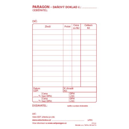 Paragon daňový doklad blok Baloušek 80 x 150 mm / nečíslovaný / 50 listů / NCR / PT010 Paragon daňový doklad blok Baloušek 80 x 150 mm / nečíslovaný / 50 listů / NCR / PT010