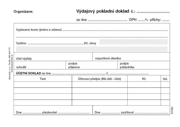 Výdajový pokladní doklad i pro podvojné účetnictví Baloušek A6 / nečíslovaný / 50 listů / ET050
