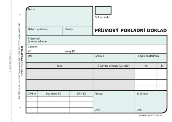 Optys 1091 příjmový pokladní doklad nečíslovaný 2 x 50 listů NCR A6