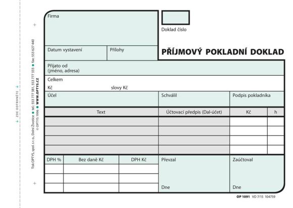 Optys 1091 příjmový pokladní doklad nečíslovaný 2 x 50 listů NCR A6