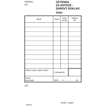 MSK 7400065 účtenka za hotové nečíslovaná 100 listů NCR MSK 7400065 účtenka za hotové nečíslovaná 100 listů NCR