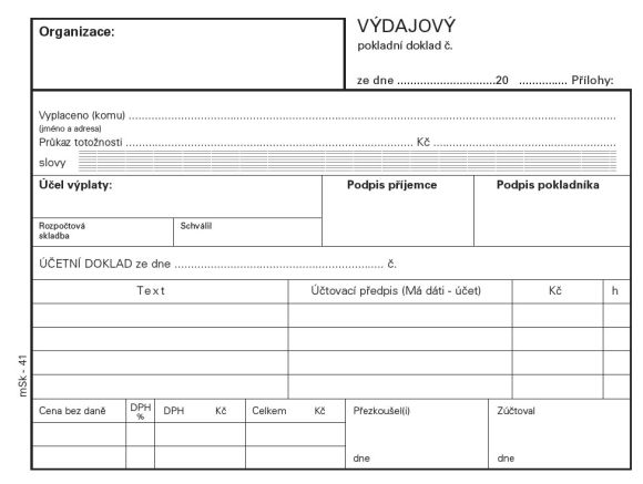 MSK 41 výdajový pokladní doklad nečíslovaný 100 listů NCR A6