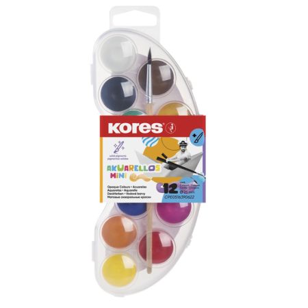 Vodové barvy Kores Akuarellos - MINI / 12 barev / průměr 25 mm + štětec Vodové barvy Kores Akuarellos - MINI / 12 barev / průměr 25 mm + štětec
