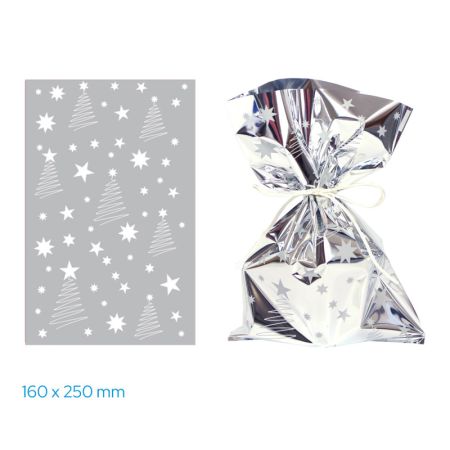 Vánoční celofánový sáček - stříbrné stroměčky / 16 x 25 cm Vánoční celofánový sáček - stříbrné stroměčky / 16 x 25 cm