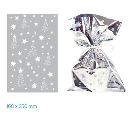 Vánoční celofánový sáček - stříbrné stroměčky / 16 x 25 cm Vánoční celofánový sáček - stříbrné stroměčky / 16 x 25 cm