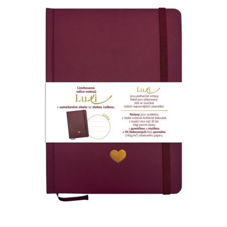 Blok Luxi A5 - linka / 96 listů / bordó srdce Blok Luxi A5 - linka / 96 listů / bordó srdce