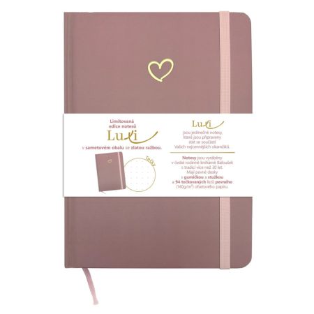 Blok Luxi A5 - tečkovaný / 96 listů / starorůžová srdce Blok Luxi A5 - tečkovaný / 96 listů / starorůžová srdce