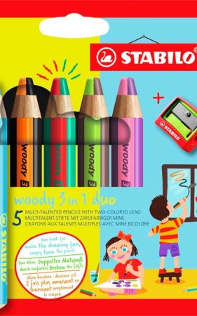 Pastelky STABILO woody 3 in 1 duo - 5 barev + ořezávátko