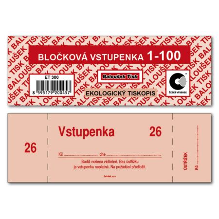 Bločkové vstupenky Baloušek 133 x 39 mm / 1-100 / 4 odstíny barev / ET300