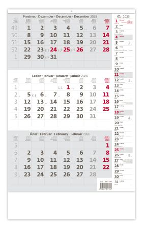 Kalendář nástěnný pracovní - tříměsíční šedý s poznámkami / N210