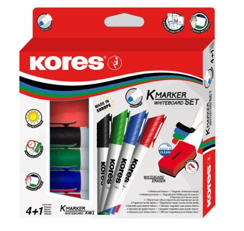 Popisovač Kores K-Marker Wihteboard - sada 4 ks + mazací houba / kulatý hrot