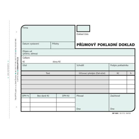 Optys 1091 příjmový pokladní doklad nečíslovaný 2 x 50 listů NCR A6 Optys 1091 příjmový pokladní doklad nečíslovaný 2 x 50 listů NCR A6