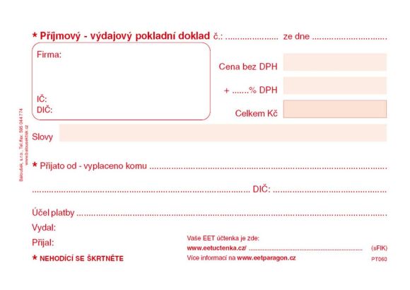 Univerzální příjmový a výdajový pokladní doklad Baloušek A6 / nečíslovaný / 50 listů / NCR / PT060