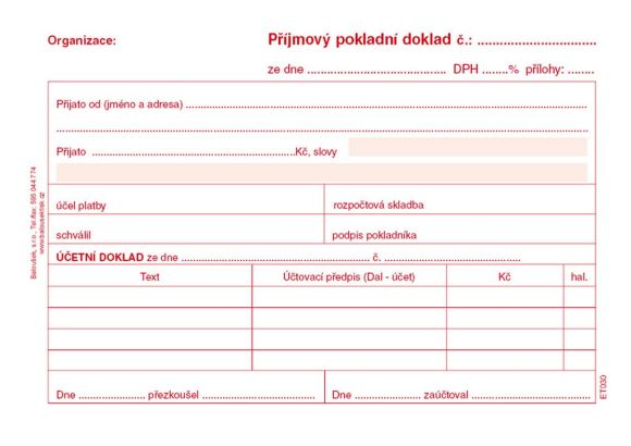 Příjmový pokladní doklad i pro podvojné účetnictví Baloušek A6 / nečíslovaný / 50 listů / ET030