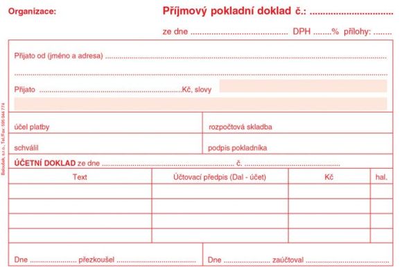 Příjmový pokladní doklad i pro podvojné účetnictví Baloušek A6 / nečíslovaný / 50 listů / NCR / PT030