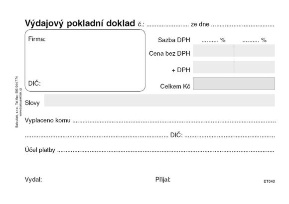 Výdajový pokladní doklad Baloušek A6 / nečíslovaný / 50 listů / ET040