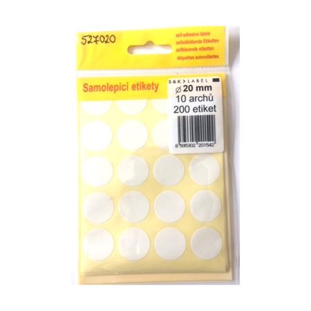 Samolepicí etikety v sáčku - kulaté prům.20mm / 200 etiket Samolepicí etikety v sáčku - kulaté prům.20mm / 200 etiket