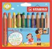 Barevné pastelky Woody, 10ks, 3v1 – pastelka, vodovka, voskovka,  STABILO
