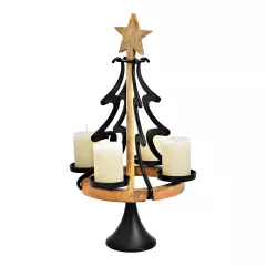 WURM  Adventní svícen z kovu a mangového dřeva 58 cm - vánoční stromek s hvězdou