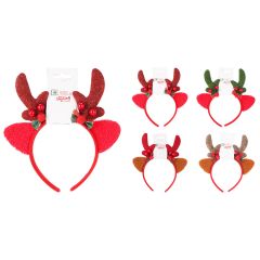 Čelenka - vánoční sob s parohy zdobenými rolničkami a mašlí (mix 4 barev)