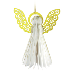 Dekorace Bílý anděl (2 ks), papír + PET, závěsný, 10 cm