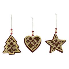 Dekorace závěsná - Vánoční motivy dřevěné 12cm bordově-zlaté, mix / 1ks