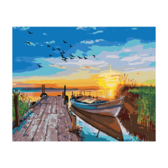 zuty  Diamantové malování (s rámem) - Západ slunce nad jezerem s loďkou