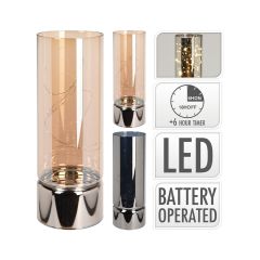 LED svícen skleněný 20 cm s časovačem (kouřová/jantarová barva)