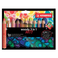 Stabilo  Pastelky STABILO woody 3 v 1 ARTY - barvička, vodovka, voskovka - 10 ks + ořezávátko