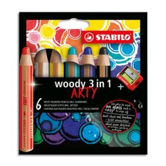 Stabilo  Pastelky STABILO woody 3 v 1 ARTY- barvička, vodovka, voskovka - 6 ks + ořezávátko