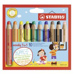 Stabilo  Pastelky STABILO woody 3 v 1 - barvička, vodovka, voskovka - 10 ks různých barev